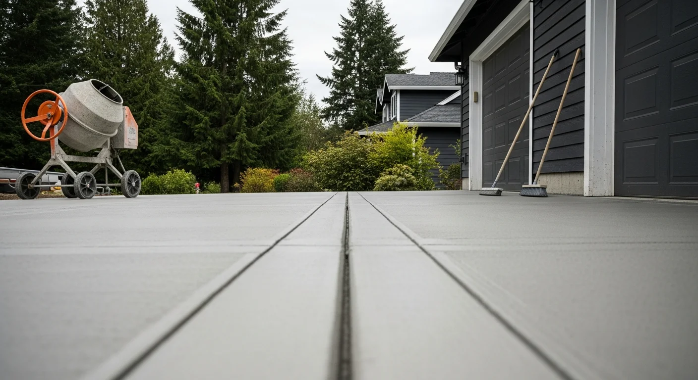 Concrete contractor pouring and finishing a residential driveway