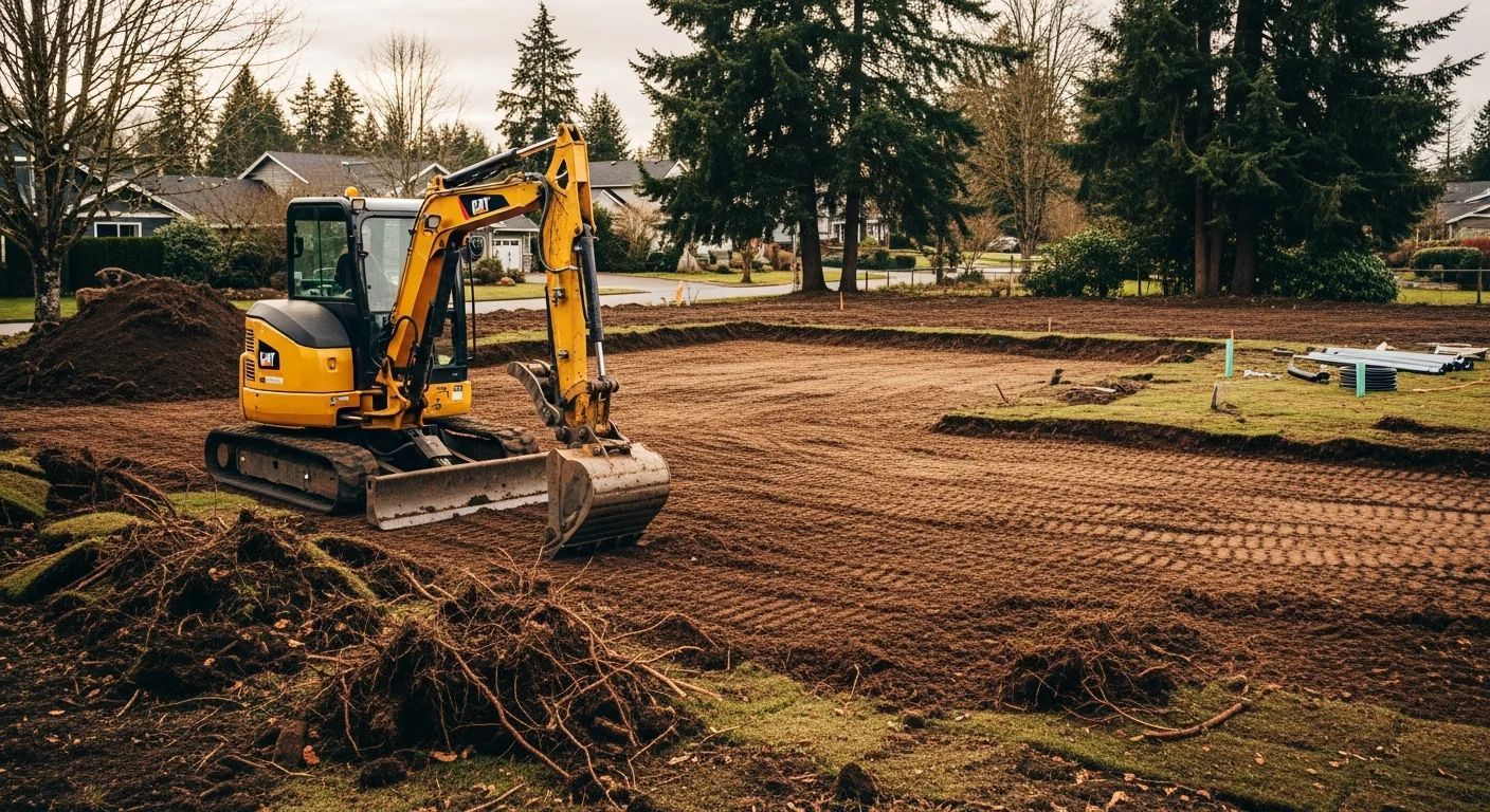Excavation equipment removing concrete and preparing a construction site