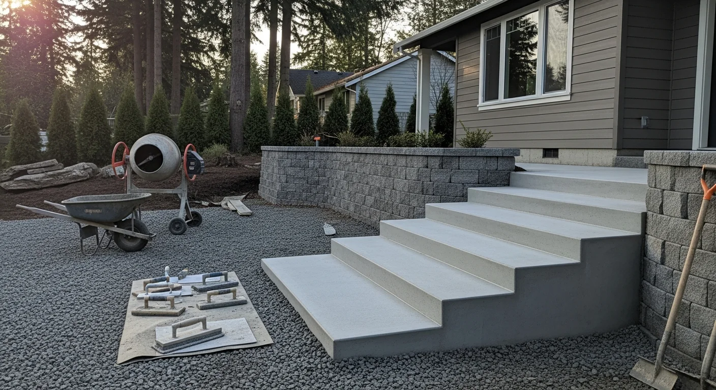 Concrete steps and wall installation on a residential property