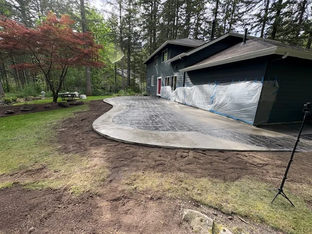 Curved concrete driveway with protective covering beside dark modern home in forest setting