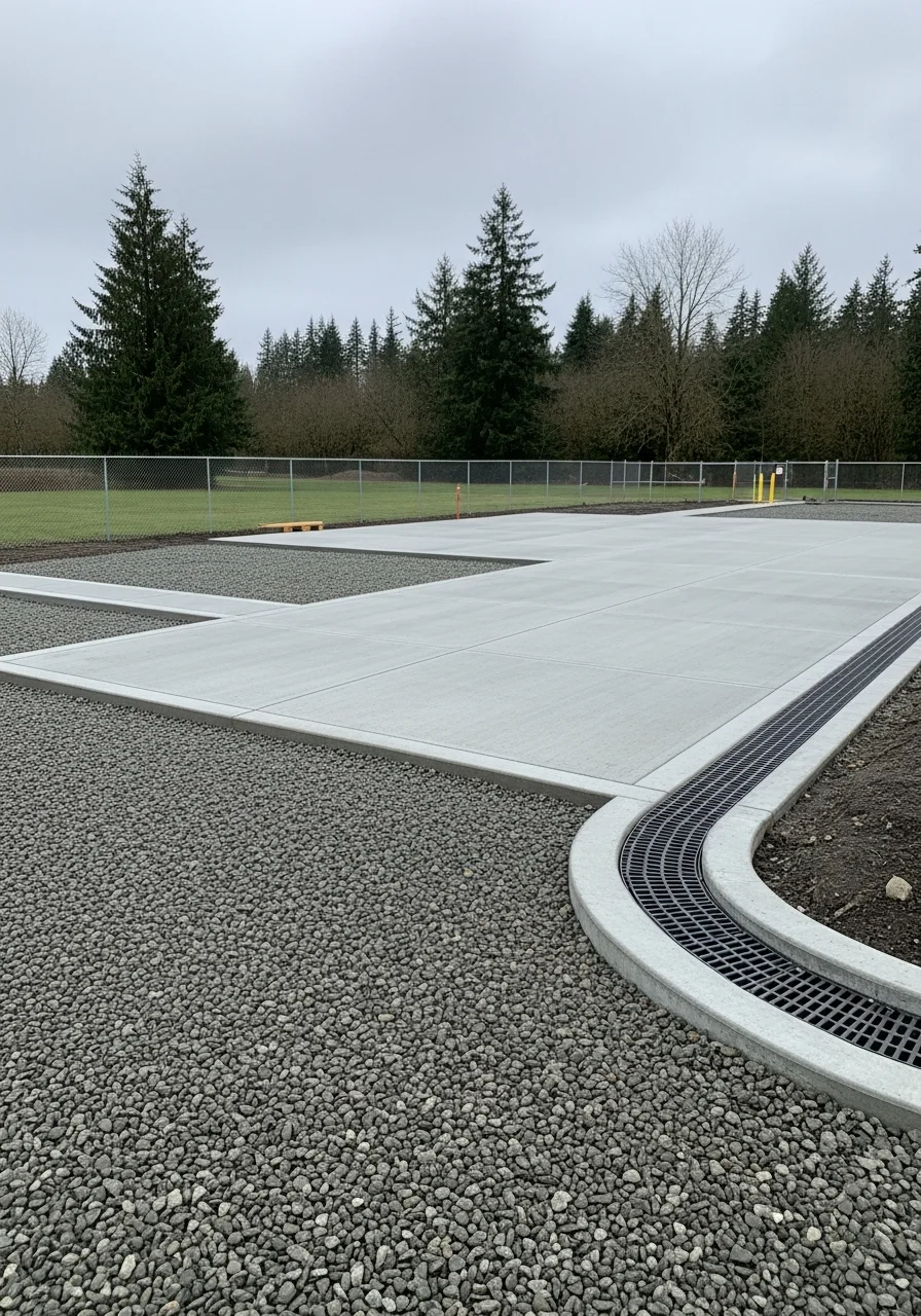 Portrait of a crew member and Auburn property manager reviewing a completed site work project with clear drainage and access.