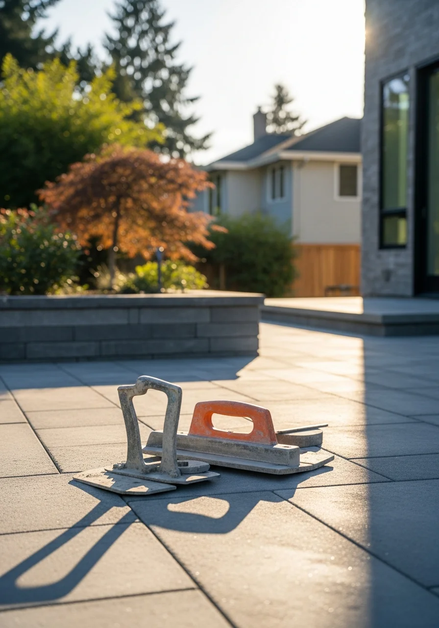 Portrait of a crew supervisor and Bellevue homeowner on a completed premium property with manicured landscaping and hardscape.