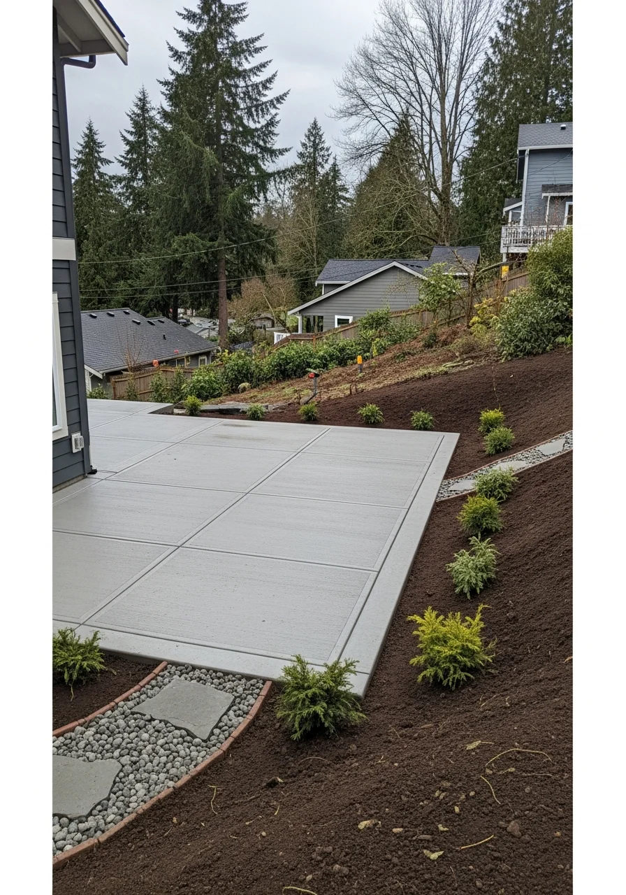 Portrait of a crew member and Issaquah homeowner on a completed steep-terrain project with integrated drainage and landscape design.