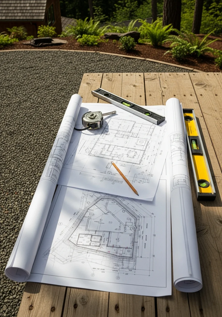 Close-up of a homeowner and crew member reviewing a grading plan on a Maple Valley property with mixed terrain.