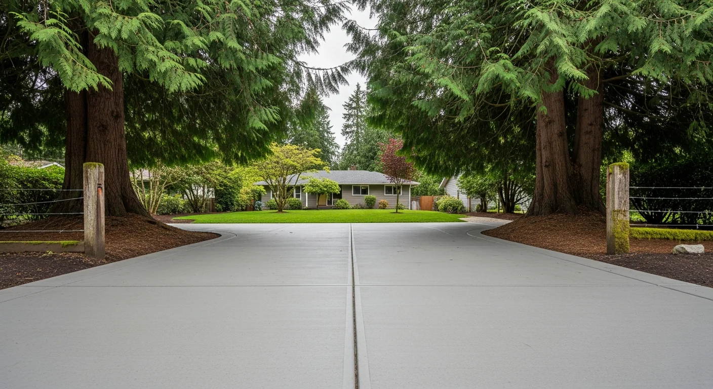 Wide view of a residential driveway and landscaped yard in a Maple Valley valley-floor neighborhood, with tree-lined property edges and green grass.