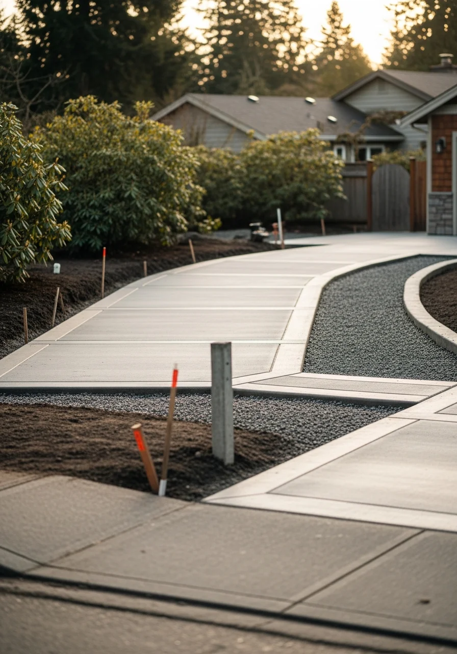 Portrait of a crew member and Puyallup property owner reviewing a completed site work project with clear drainage and access.