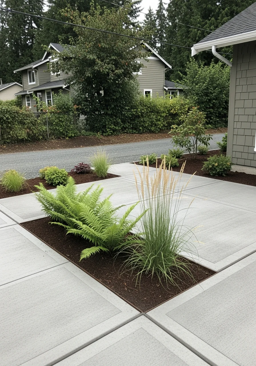 Portrait of a crew member and Seattle homeowner standing on a completed urban lot project with mature plantings and defined hardscape.