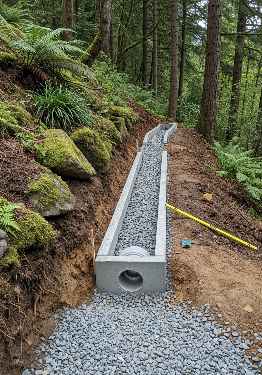 Close-up of a crew member inspecting drainage work on a steep foothills property with dense vegetation and water management features.
