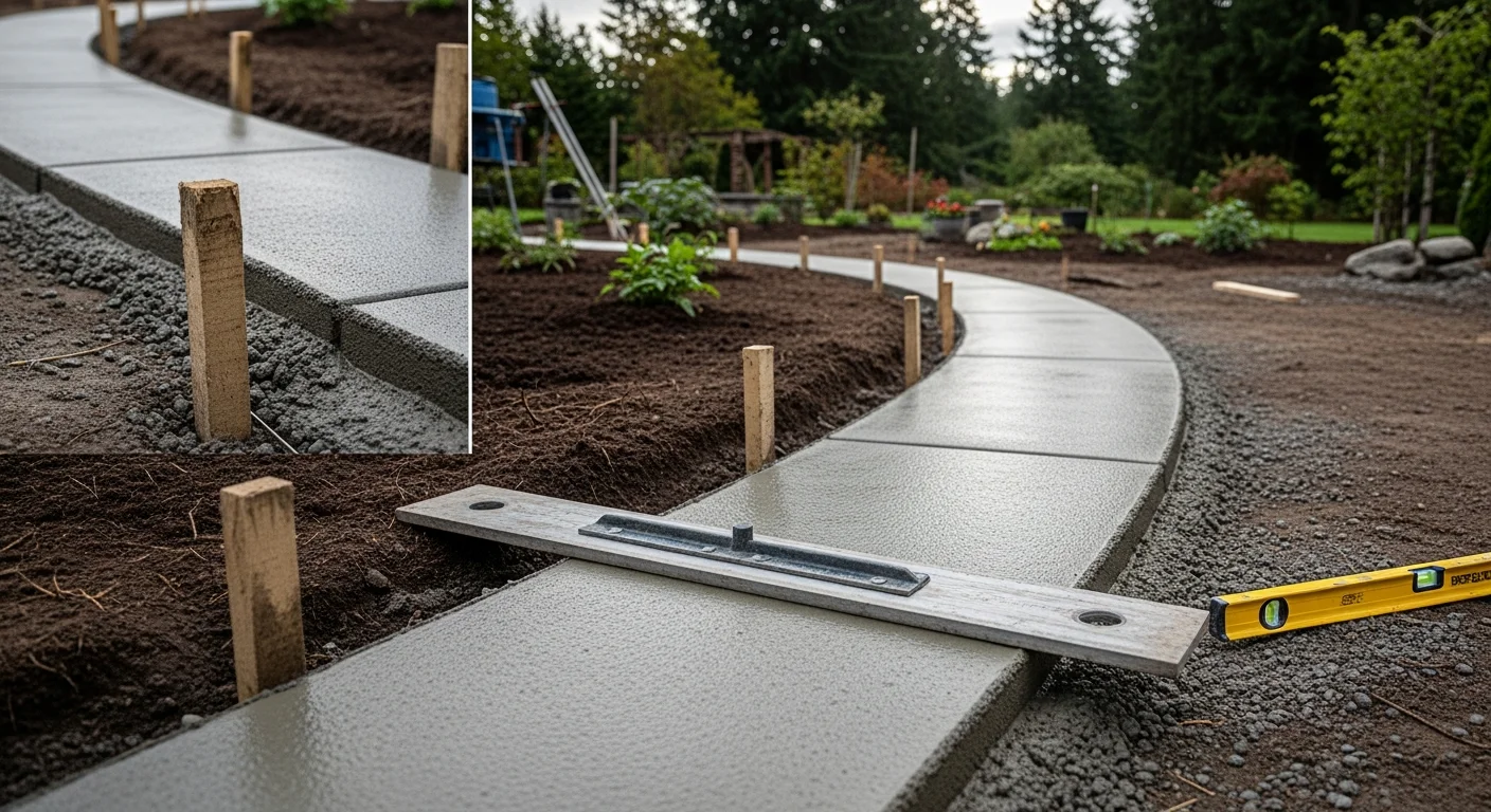 Freshly poured concrete border running along a residential garden bed in Maple Valley, Washington, with a clean edge separating lawn grass from mulched planting area. The border follows a gentle curve around the bed with a smooth gray finish on a single-family home property.