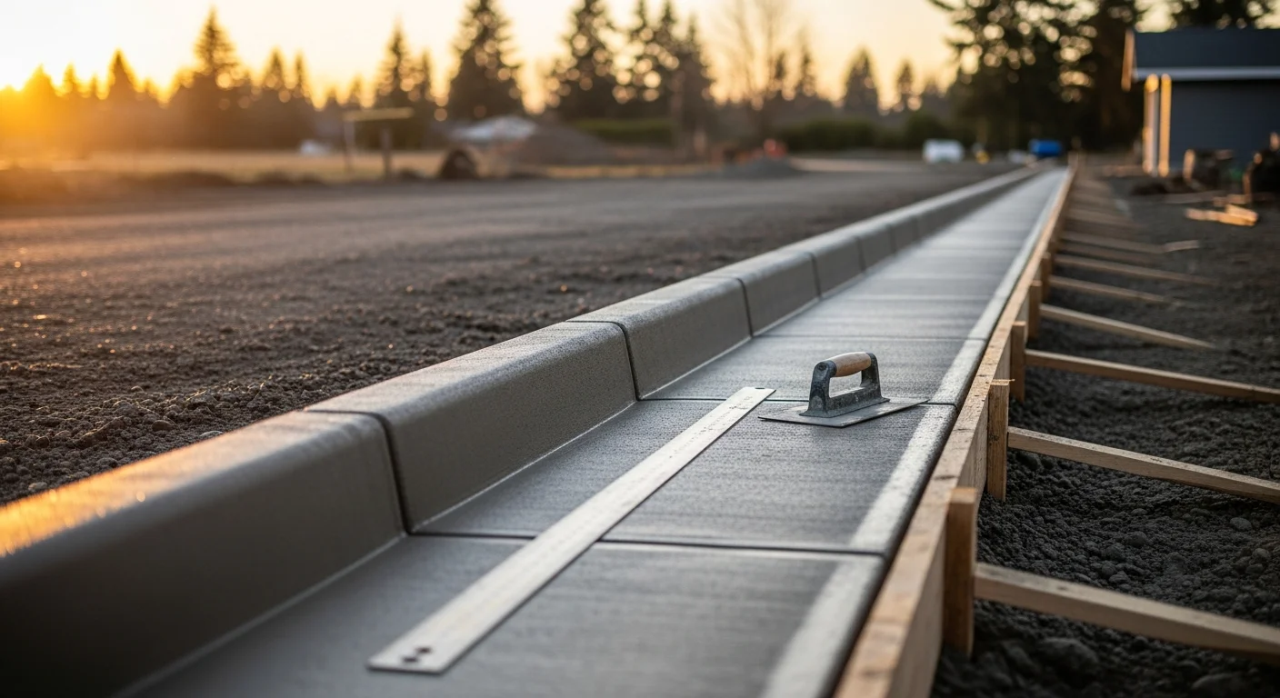 Freshly poured concrete curb along a residential driveway in Maple Valley, Washington, with a clean broom finish and graded soil on the landscape side. The curb runs the full length of the driveway edge, separating the paved surface from a mulched planting bed.
