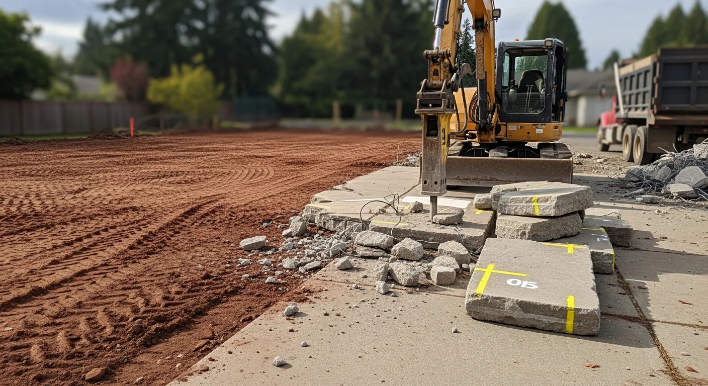 Excavator breaking up a cracked residential concrete driveway slab on a Maple Valley, Washington property. Broken concrete pieces are staged near the machine, with the surrounding yard and home visible in the background.
