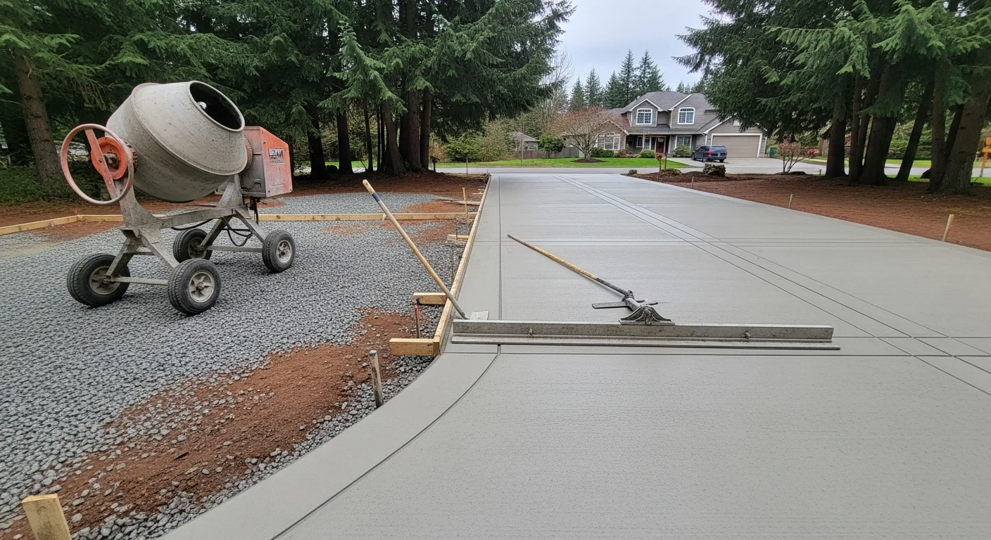 A freshly poured residential concrete driveway leading to a two-car garage on a wooded lot in Maple Valley, Washington. The surface is smooth, light gray, and bordered by mature evergreen trees typical of the Pacific Northwest.