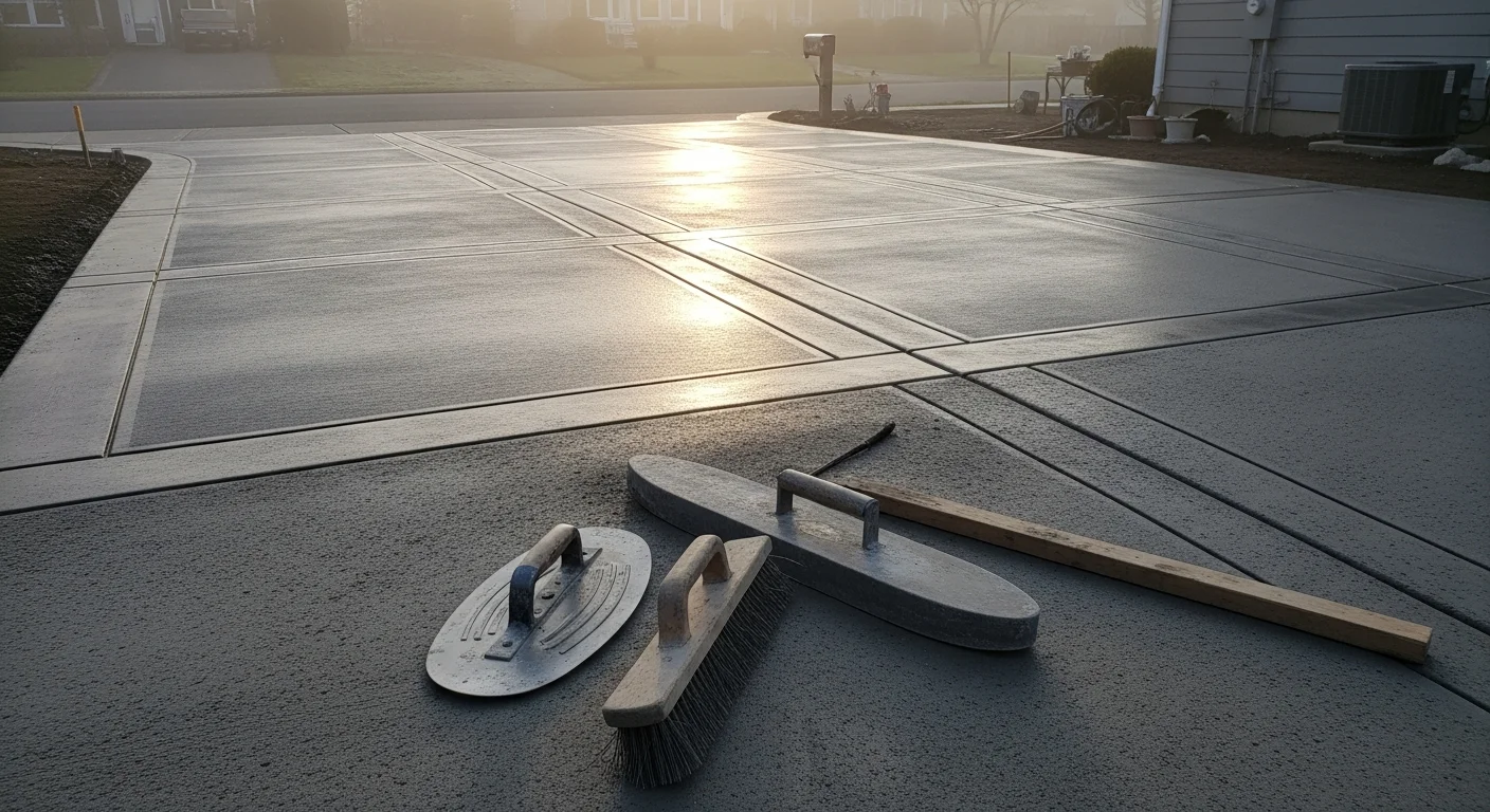 A freshly broom-finished concrete driveway at a residential property in Maple Valley, Washington, with clean edges and a uniform gray surface. The surrounding landscape reflects the Pacific Northwest's wooded, wet-weather setting typical of King County homes.