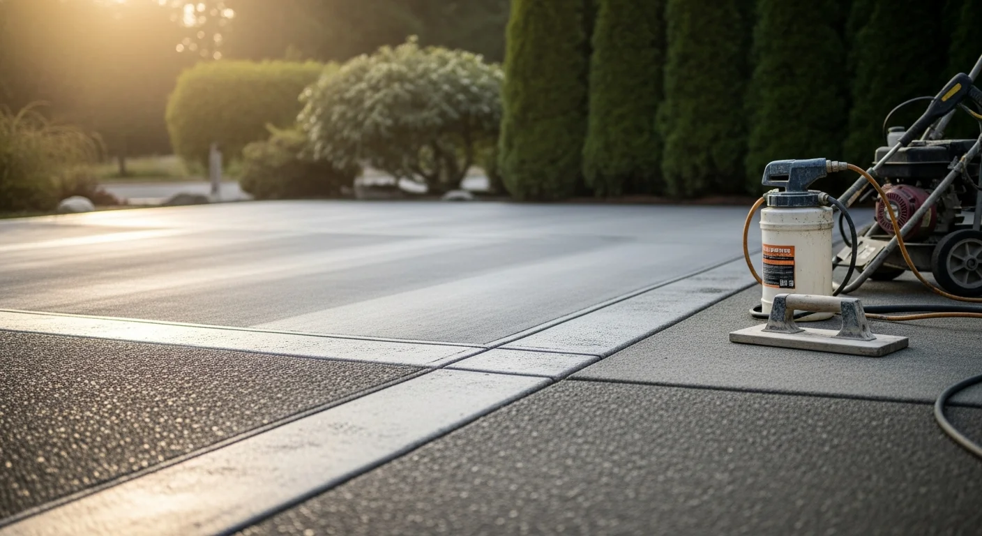 A freshly applied decorative concrete overlay on a residential patio in Maple Valley, Washington, showing a smooth, colored surface with clean edges. The finished slab contrasts with the surrounding landscaping typical of a Pacific Northwest backyard.