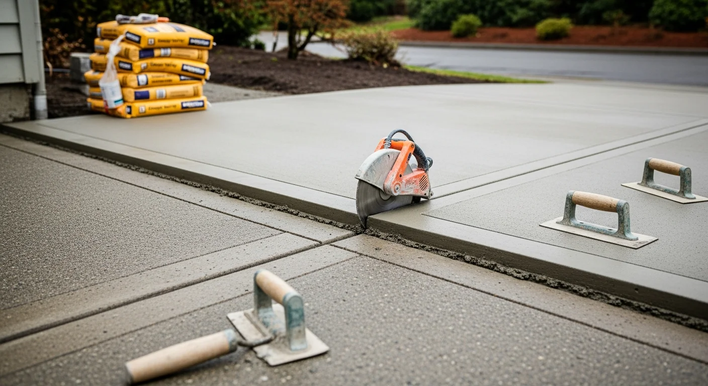 A repaired residential concrete driveway in Maple Valley, Washington, showing smooth, crack-free slabs with clean joint lines. The surrounding landscape reflects the Pacific Northwest setting with wet pavement and evergreen trees in the background.