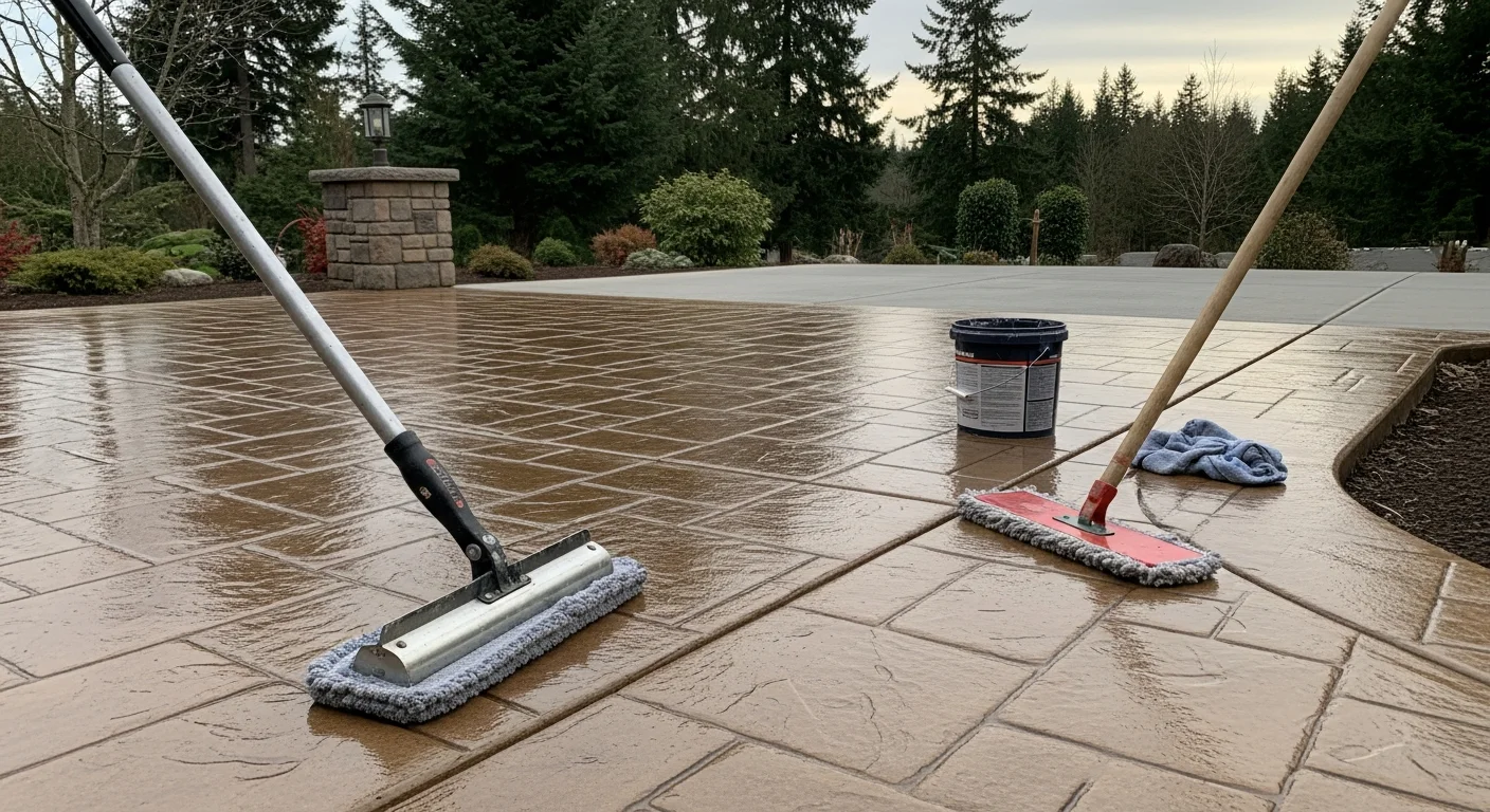 A freshly sealed decorative concrete patio surface at a residential property in Maple Valley, Washington, showing an even sheen and clean finish after professional sealing. The surrounding Pacific Northwest landscape is visible in the background.