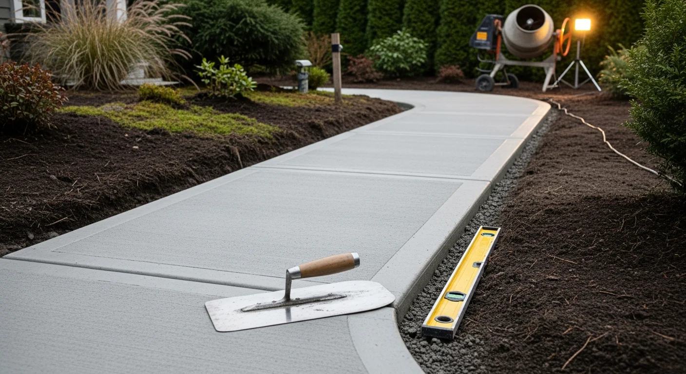 A freshly poured concrete sidewalk running along the front of a single-family home in Maple Valley, Washington, with a smooth broom finish and clean edges. The walkway connects the driveway apron to the front entry on a residential lot surrounded by mature Pacific Northwest trees.