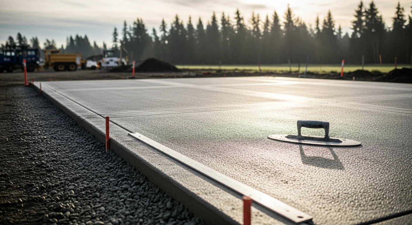 A freshly poured and broom-finished concrete slab next to a residential property in Maple Valley, Washington. The slab shows clean edges, consistent texture, and a slight drainage slope away from the structure.