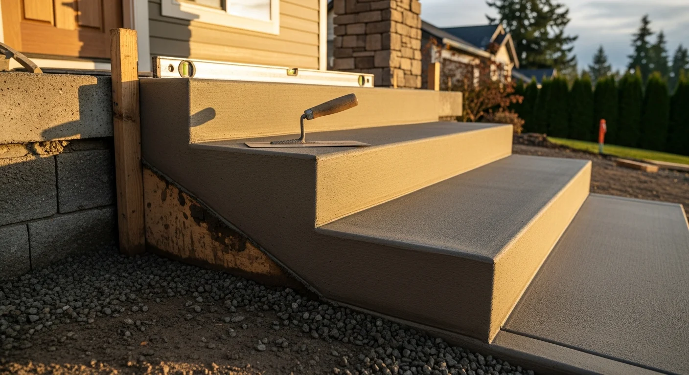 Newly poured concrete entry steps at a Maple Valley, Washington residential home, showing a clean multi-step front entry with a smooth surface and defined edges. The steps lead to a craftsman-style front door surrounded by Pacific Northwest landscaping.