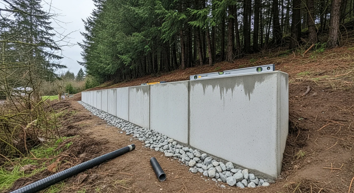A poured concrete retaining wall holding back a sloped residential yard in Maple Valley, Washington, with graded soil and drainage visible at the base. The wall runs along a hillside lot with mature Pacific Northwest vegetation in the background.