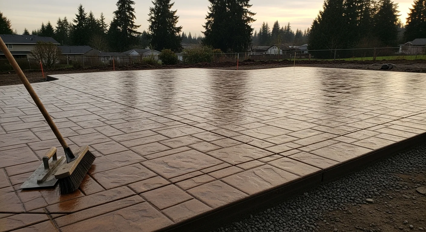 Stamped concrete patio with a stone-pattern finish installed by Phenix Concrete Construction LLC at a residential property in Maple Valley, Washington. The surface shows clean texture detail and a natural earth-tone color against a Pacific Northwest wooded backyard setting.