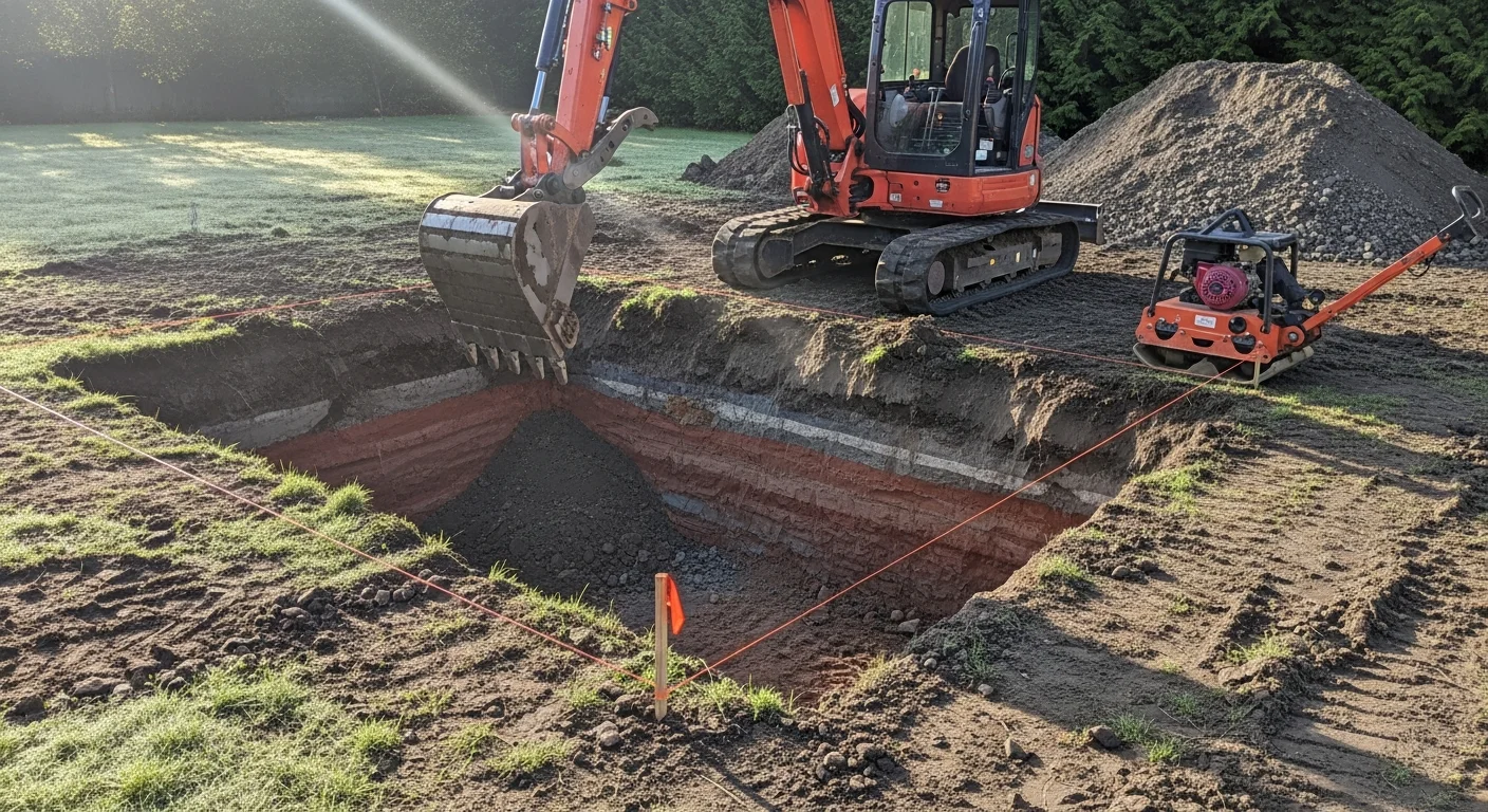 A tracked excavator digging a foundation trench on a residential lot in Maple Valley, Washington, with exposed soil walls and a cleared work area visible. The surrounding site shows a mix of compacted earth and native vegetation typical of the Maple Valley area.