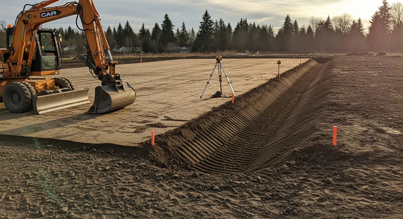 A tracked excavator grading a residential lot in Maple Valley, Washington, with freshly moved soil shaped into a level building pad. The surrounding area shows cleared ground ready for a concrete pour or driveway installation.