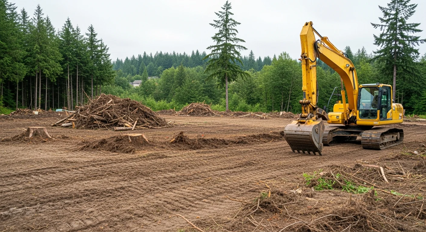 A Maple Valley, Washington residential lot after land clearing, showing bare ground with stumps removed and dense Pacific Northwest brush and conifers cleared to the property line. An excavator is visible at the edge of the cleared site during active site preparation.