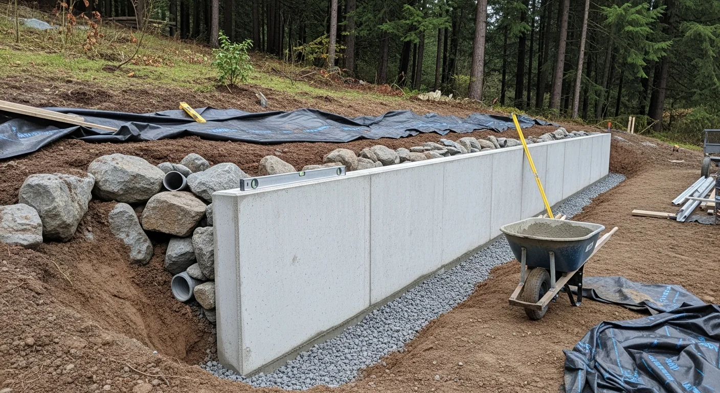 A concrete retaining wall built along a sloped residential backyard in Maple Valley, Washington, with compacted gravel backfill and level lawn space created above the wall. The surrounding terrain shows the rolling, clay-soil hillside typical of King County properties in the area.