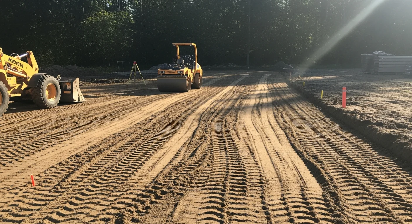 Excavation equipment grading and leveling a residential construction site in Maple Valley, Washington, with cleared soil and a flat compacted subgrade ready for concrete work. Surrounding Pacific Northwest tree line and sloped terrain visible in the background.