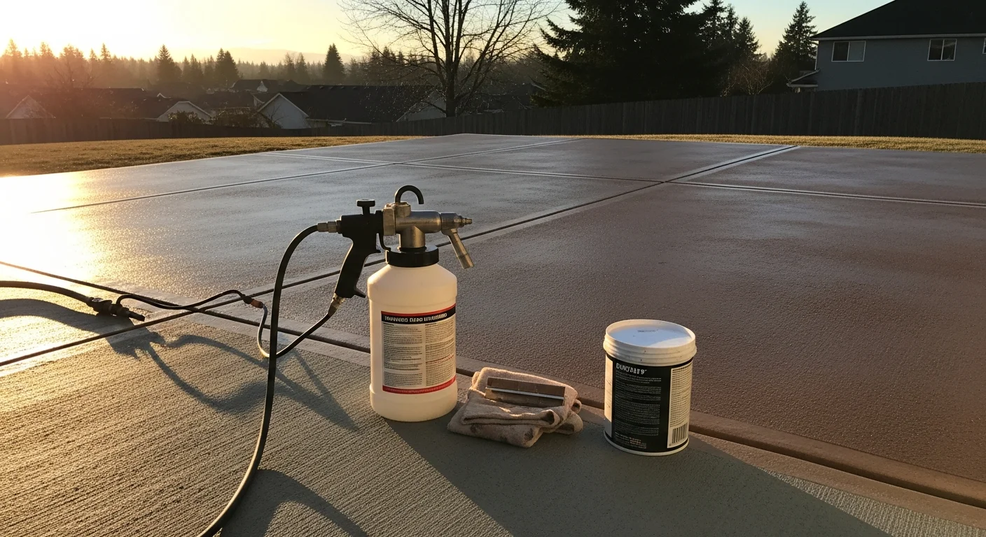 Stained concrete patio with a warm earth-tone finish installed by Phenix Concrete Construction LLC at a residential property in Maple Valley, Washington. The sealed surface shows even color penetration with a smooth, low-sheen finish suitable for the Pacific Northwest climate.