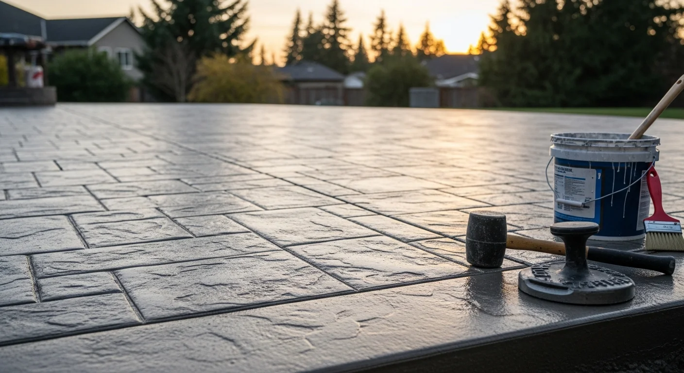 A freshly installed stamped concrete patio with a natural stone pattern behind a residential home in Maple Valley, Washington. The surface shows defined texture and earthy color tones set against a Pacific Northwest backyard landscape.